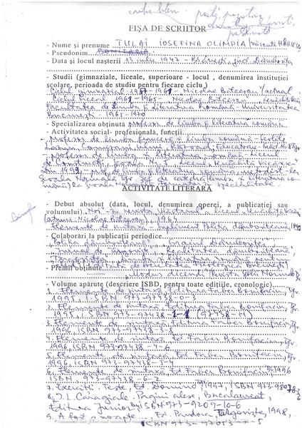 M-1304-1 - Fisa de scriitor TULAI IOSEFINA OLIMPIA